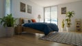 Modern interiors in the bedroom, where light leaks from the large window next door, 3d rendering