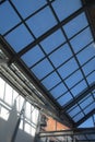 Modern internal structure of glass roof construction with lockable windows sections, inside view of modern glass roof Royalty Free Stock Photo