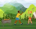 Modern international lovely couple date park picnic, female male pair play badminton game flat vector illustration. Royalty Free Stock Photo