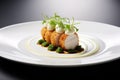 modern interpretation of Chicken Kiev: A contemporary plating of deconstructed Chicken Kiev, with separate components displayed in