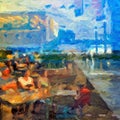 Modern Interpretation of Impressionist Cafe Scene, Oil Painting Style