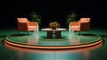Modern interview set with two orange chairs and a coffee table Keywords: interview, set, studio Royalty Free Stock Photo