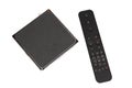 Modern Iptv box and black remote controller multimedia device for viewing television via Internet multimedia player and control Royalty Free Stock Photo