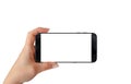 Modern isolated black smart phone in woman hand in horizontal position.