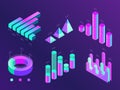 Modern isometric business infographic. Percentage charts, statistics columns and diagrams. Data 3d presentation chart