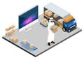 Modern isometric design concept of Warehouse Logistic with Arab Workers logistics, storehouse and goods on shelf. Vector illustrat Royalty Free Stock Photo