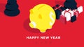 Modern Isometric Happy New Year Background. Yellow Piggy Bank On Red Background. Conceptual Coin Box For 2019 Designs