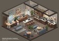 Modern isometric illustration of a cozy cafe and workspace. Features include a Royalty Free Stock Photo