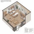 Modern isometric illustration of a functional dining area combined with a kitchen. Royalty Free Stock Photo