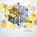 Modern isometric vector abstract yellow background with geometric element. Layout of cubes, hexagons, squares, rectangles and Royalty Free Stock Photo