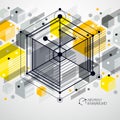 Modern isometric vector abstract yellow background with geometric element. Layout of cubes, hexagons, squares, rectangles and Royalty Free Stock Photo