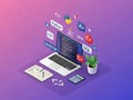 Modern isometric workspace with laptop and coding icons Royalty Free Stock Photo
