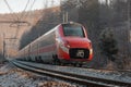 Modern italian electric high speed train on test drive in Slovenia, between station of Verd and Sezana. Upcoming train service Royalty Free Stock Photo