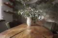 Modern Japandi appartment interior design in earth tones, natural textures with wooden solid oak furniture Royalty Free Stock Photo