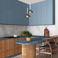 Modern japandi kitchen in blue tones. Dining island with chairs. Herringbone parquet floor and potted plants. Wooden interior Royalty Free Stock Photo