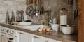 Modern Japandi kitchen interior design appartment in earth tones, natural textures with wooden solid oak furniture. Royalty Free Stock Photo