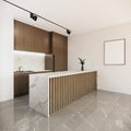 Modern japandi style kitchen interior design with marble table and blank picture frame on white wall. apartment ideas. 3D Royalty Free Stock Photo