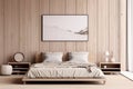 Modern japandy bedroom interior. Wooden double bed with beige pillows. Wooden panels wall with horizontal abstract wall art