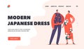 Modern Japanese Dress Landing Page Template. Asian Bride and Groom Characters in Bridal Kimono During Marriage Ceremony