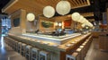 Modern Japanese Sushi Restaurant Interior With Wooden Decor, Evening Setting