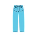 Modern jeans pants. Denim fabric trousers. Female garment, cotton clothes. Casual women apparel. Trendy straight leg