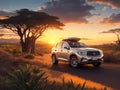 Modern jeep in Madagascar, luxury car in wild nature landscape at sunrise