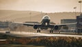 Modern jet engine taking off in dusk, transporting passengers and cargo generated by AI Royalty Free Stock Photo