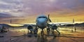 Modern Jet passenger transport airplane parked at the airport terminal. Commercial aircraft plane with beautiful warm sunset sky