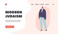 Modern Judaism Landing Page Template. Mature Jewish Man, Smiling Jew wear National Kippah and Casual Clothes