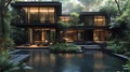 Modern jungle house, pool, mist, luxury, architecture, design, interior, exterior, rendering Royalty Free Stock Photo