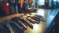 Modern key duplication tools on workbench in clean setup. concept of security, locksmith equipment, precision tools