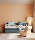 Modern kids bedroom with cozy bed and soft armchair, peach wall mock up, orange children room with blue sofa, 3d rendering Royalty Free Stock Photo