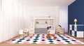 Modern kids bedroom interior design with wooden two tier bed and commode, space saving