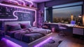 Modern kids room at night, interior with purple neon and led light. Luxury home futuristic design for teen, child with glowing Royalty Free Stock Photo
