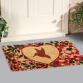 Modern Kingfisher bird printed zute doormat outside home with yellow flowers and leaves Royalty Free Stock Photo