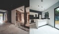 Before And After Of Modern Kitchen Apartment Room In Renovated House Royalty Free Stock Photo