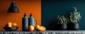 Modern kitchen arrangement with oranges, vases, and indoor plants Royalty Free Stock Photo