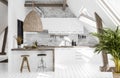 Modern kitchen in attic, Scandi-boho style Royalty Free Stock Photo