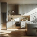 Modern kitchen bathed in early morning sunlight