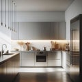 Modern kitchen bathed in early morning sunlight