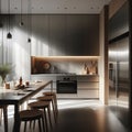 Modern kitchen bathed in early morning sunlight