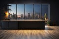 Modern kitchen with black walls, a large table and a window overlooking the night city. Copy space Royalty Free Stock Photo