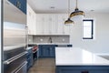 A modern kitchen with blue and white cabinets. Royalty Free Stock Photo