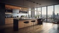 Modern kitchen with breakfast bar in an urban luxury apartment. Wooden floors, wooden facades, bar counter with bar Royalty Free Stock Photo