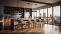 Modern kitchen with breakfast bar in an urban luxury apartment. Wooden floors, wooden facades, bar counter with bar Royalty Free Stock Photo