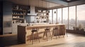 Modern kitchen with breakfast bar in an urban luxury apartment. Wooden floors, gray facades, counter bar with bar stools