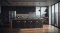 Modern kitchen with breakfast bar. Wooden floors, gray walls and facades, a bar counter with bar stools, floor-to