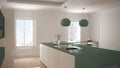 Modern kitchen in classic interior, island with stools and two big window, white and green architecture interior Royalty Free Stock Photo