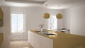 Modern kitchen in classic interior, island with stools and two big window, white and yellow architecture interior Royalty Free Stock Photo