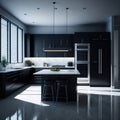 Modern Kitchen With Classic Lines, Large Dinning Island with Marble top, Hanging Lights, Window Sunlight, Clean style Generative